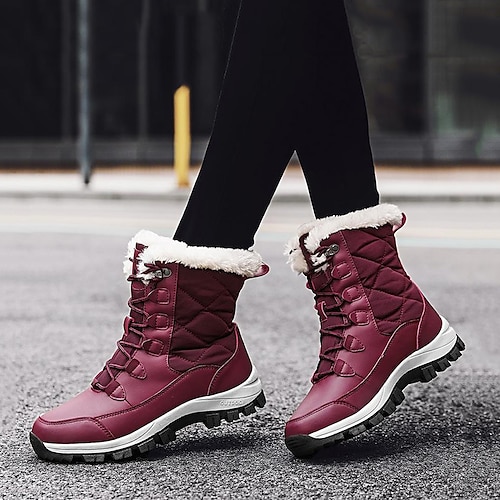 

Women's Boots Snow Boots Outdoor Mid Calf Boots Winter Fur Trim Flat Heel Round Toe Sporty Hiking Shoes PU Leather Polyester Lace-up Color Block Solid Colored Black White Burgundy