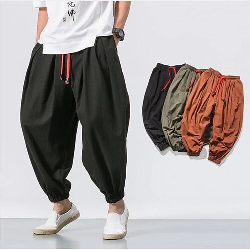 

Herre Jogger Linnedbukser Bukser Sommerbukser Lomme Snørelukning Elastisk Talje Vanlig Komfort Åndbart Afslappet Daglig Streetwear hør / bomuldsblanding Stilfuld Klassisk Løstsiddende Militærgrøn Sort