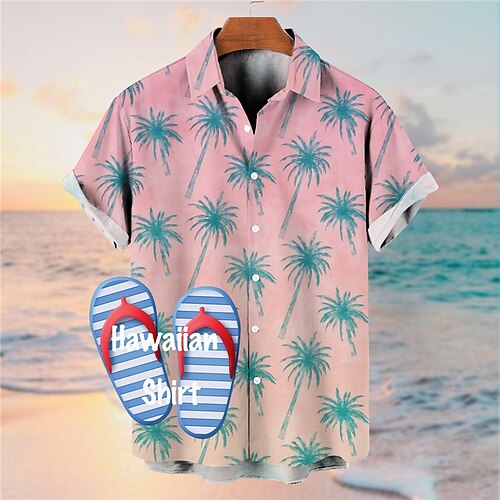 

Men's Shirt Coconut Tree Graphic Prints Turndown Pink Blue Street Casual Short Sleeves Button-Down Print Clothing Apparel Tropical Fashion Designer Hawaiian