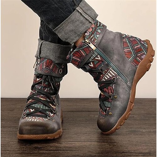 

Women's Boots Combat Boots Plus Size Lace Up Boots Outdoor Daily Booties Ankle Boots Winter Low Heel Round Toe Vintage Casual Faux Leather Zipper Geometric Color Block Red Brown Green