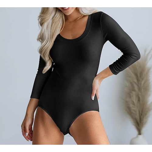 

Women's Bodysuit Black White Light Green Plain Long Sleeve Casual Basic Round Neck S