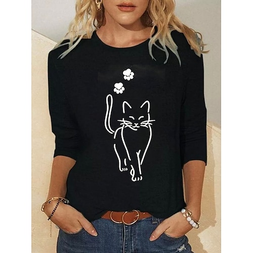 

Per donna maglietta Nero Blu Grigio Gatto Stampa Manica lunga Giornaliero Fine settimana Essenziale Rotonda Standard Gatto Pittura S
