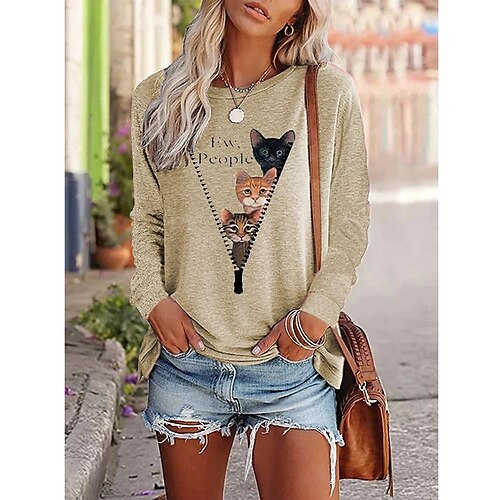 

T shirt Tee Femme Blanche Bleu Kaki Chat 3D Imprimer manche longue du quotidien Fin de semaine basique Col Rond Normal Standard Chat Peinture S