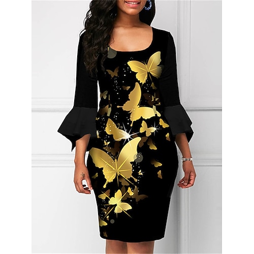 

Women's Work Dress Sheath Dress Church Dress Midi Dress Black 3/4 Length Sleeve Animal Print Winter Fall Spring U Neck Fashion 2023 S M L XL 2XL 3XL