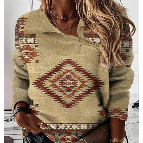 

Women's Shirt Blouse Khaki Geometric Quarter Zip Print Long Sleeve Casual Ethnic V Neck Regular Geometric S