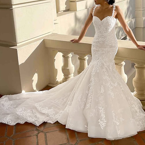 

Fidanzamento Da cerimonia Abiti da sposa Strascico da cappella A sirena Senza maniche A cuore Raso Con Perline Con applique 2023 Abiti da sposa