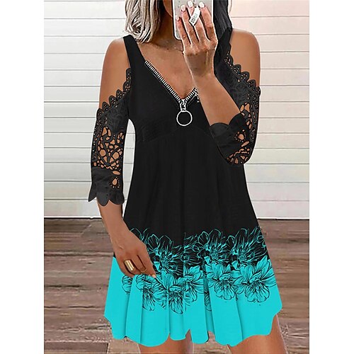 

Mujer Vestido informal Vestido de cambio Mini vestido Negro Blanco Azul Piscina Manga 3/4 Flor Encaje Verano Primavera Escote en Pico Moda Holgado 2023 S M L XL XXL