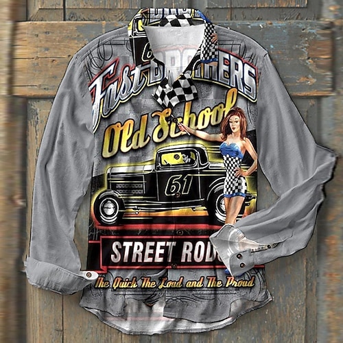 

Men's Shirt Letter Car Graphic Prints Turndown Gray 3D Print Outdoor Street Long Sleeve Button-Down Print Clothing Apparel Fashion Designer Casual Soft