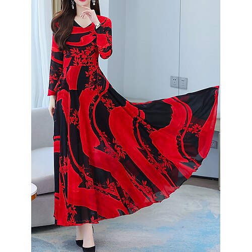 

Women's Work Dress Swing Dress Midi Dress Yellow Red Long Sleeve Leaf Print Winter Fall Spring V Neck Fashion Office 2023 M L XL XXL 3XL 4XL