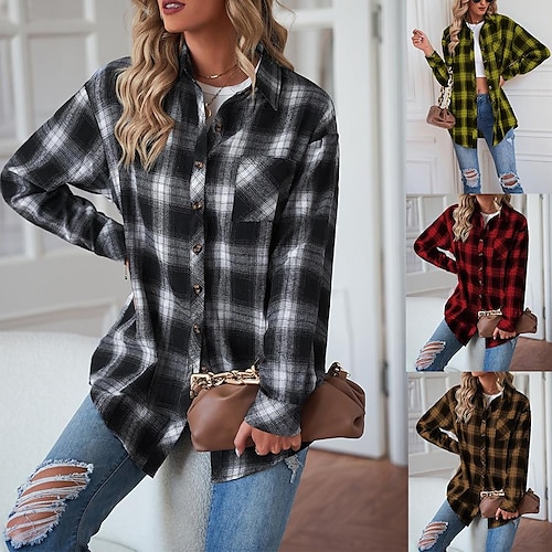 

Damen Hütte Schwarz Gelb Rote Plaid Bedruckt Langarm Casual Brautkleider schlicht Hemdkragen Standard S