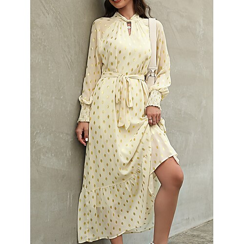 

Women's Casual Dress Swing Dress Long Dress Maxi Dress Wine Navy Blue Apricot Long Sleeve Polka Dot Print Winter Fall Spring Stand Collar Fashion Daily Loose Fit 2023 S M L XL XXL