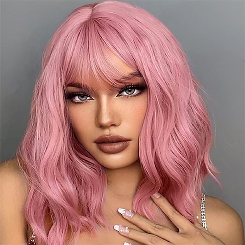 

pink bølget bob paryk med pandehår syntetisk kort krøllet pink paryk til kvinder skulderlængde pastel bølgede parykker fest cosplay paryk til pige varmebestandig firber farverig paryk