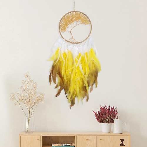 

Yellow Life of Tree Dream Catcher Handmade Gift Feather Hook Flower Wind Chime Ornament Wall Hanging Decor Art Boho Style 16x70cm/6.3''x28''