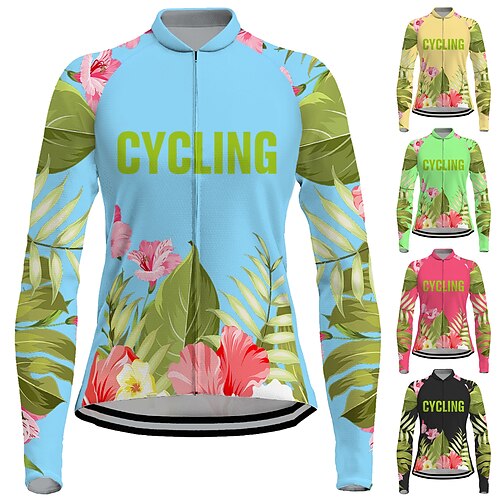 

21Grams Women's Cycling Jersey Long Sleeve Bike Jersey Top with 3 Rear Pockets Mountain Bike MTB Road Bike Cycling Breathable Quick Dry Moisture Wicking Reflective Strips Black Green Yellow Floral