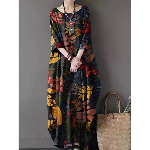 

Women's Casual Dress Swing Dress Vintage Dress Long Dress Maxi Dress Tan Dark Blue 3/4 Length Sleeve Graphic Print Winter Fall Spring Crew Neck Modern Daily Weekend 2023 M L XL 2XL 3XL 4XL 5XL