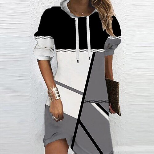 

Women's Casual Dress Hoodie Dress Shift Dress Mini Dress Black Long Sleeve Geometric Print Winter Fall Spring Hooded Fashion Daily Date 2022 S M L XL XXL 3XL