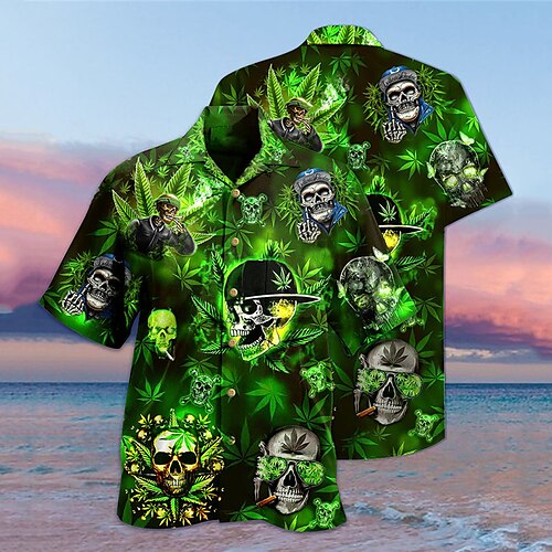 

Men's Shirt Summer Hawaiian Shirt Skull Graphic Prints Leaves Turndown Green Casual Holiday Short Sleeve Button-Down Print Clothing Apparel Tropical Fashion Hawaiian Soft