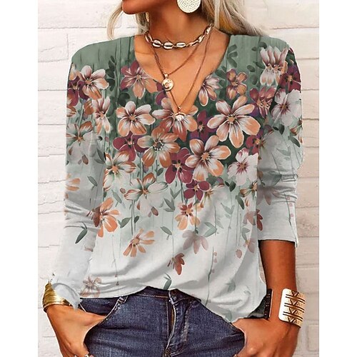 

T shirt Tee Femme Vert Claire Bleu Vert Floral Bouton Imprimer manche longue Vacances Fin de semaine basique Col Rond Normal Standard Fleur Peinture S