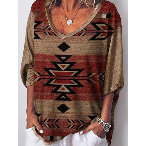 

Women's T shirt Tee Brown Geometric Print Long Sleeve Daily Weekend Ethnic V Neck Regular Geometric Painting S