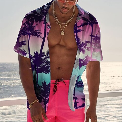 

Men's Shirt Summer Hawaiian Shirt Coconut Tree Graphic Prints Sunset Turndown Purple Green Street Casual Short Sleeves Button-Down Print Clothing Apparel Tropical Fashion Hawaiian Designer