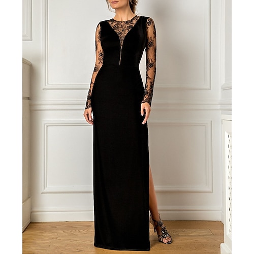 

A tubino Abito da cerimonia per signora Invitati del matrimonio Elegante Con decorazione gioiello Lungo Di pizzo Velluto Manica lunga No con Con applique Spacco sul davanti 2023
