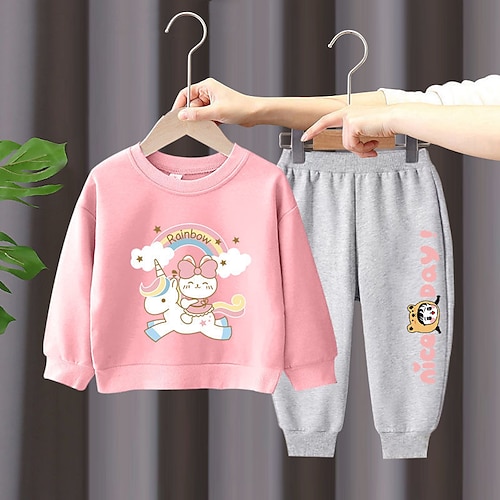 

2 deler Baby Jente Grafisk Crewneck Genser og bukse Sett Langermet Mote utendørs 7-13 år Vinter Lyseblå Grønn Svart
