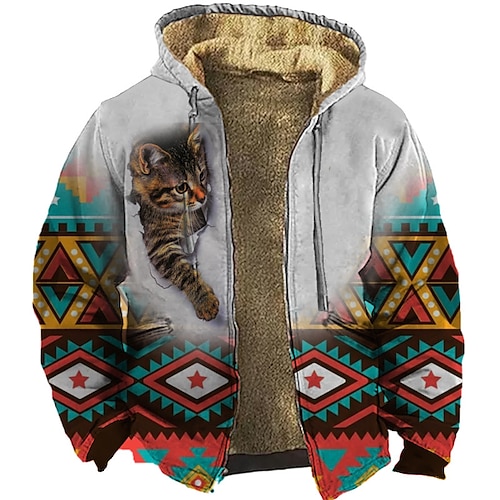 

Herren Kapuzenshirt mit durchgehendem Reißverschluss Jacke Hellgrau Grau Mit Kapuze Tier Katze Grafik-Drucke Zip Bedruckt Sport Natur Täglich Sport 3D-Druck Vlies Strassenmode Designer Casual Winter