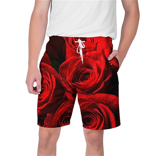 

Men's Shorts Beach Shorts Drawstring Elastic Waist 3D Print Graphic Rose Breathable Soft Short Casual Daily Holiday Streetwear Hawaiian Wine Red Micro-elastic