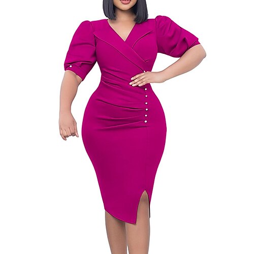 

Mulheres Vestido de trabalho Tubinho Vestido da bainha Vestido midi Preto Vermelho Azul Meia Manga Cor imaculada Franzido Verão Primavera Colarinho de Camisa Moda Escritório Delgado 2023 S M L XL XXL