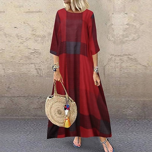 

Women's Cotton Linen Dress Casual Dress Shift Dress Maxi long Dress Cotton Blend Fashion Casual Outdoor Daily Going out Boat Neck Print 3/4 Length Sleeve Summer Spring 2023 Loose Fit Red Khaki Dark