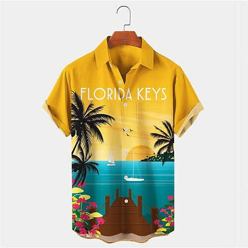 

Men's Shirt Summer Hawaiian Shirt Coconut Tree Graphic Prints Turndown Yellow Outdoor Street Short Sleeves Button-Down Print Clothing Apparel Tropical Fashion Hawaiian Designer