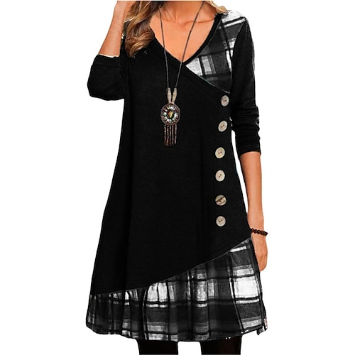 

Mini robe Femme Robe casual manche longue Hiver Automne Printemps - Mode Patchwork Bouton Imprimer Plaid Col V du quotidien Ample 2023 Noir Rouge Gris S M L XL XXL 3XL