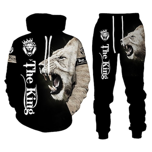 

Men's Tracksuit Hoodies Set Black Hooded Graphic Animal Lion 2 Piece Print Sports Outdoor Casual Sports 3D Print Basic Streetwear Designer Fall Spring Clothing Apparel Hoodies Sweatshirts