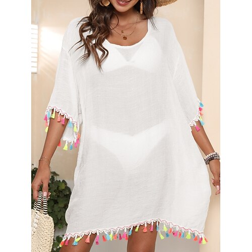 

Mujer Vestido de cambio Vestido de verano Mini vestido Blanco Albaricoque Media Manga Plano Borlas Invierno Otoño Primavera Cuello Barco caliente 2022 M L XL