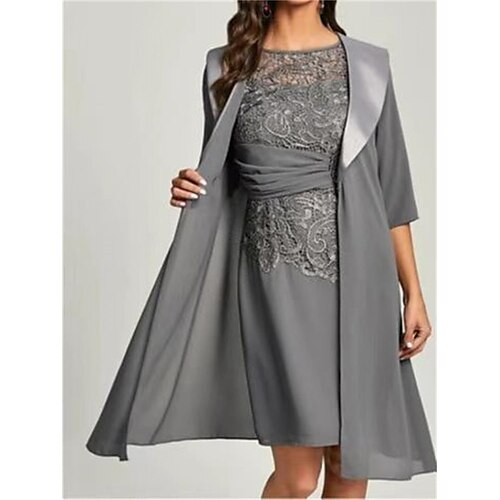 

Women's Work Dress Dress Set Two Piece Dress Midi Dress Grey 3/4 Length Sleeve Flower Lace Winter Fall Spring Crew Neck Fashion Office Daily Wedding Guest Loose Fit 2023 S M L XL XXL 3XL