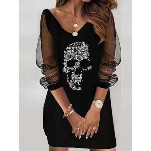 

Mulheres Vestido casual Vestido T shirt Vestido de turno Minivestido Preto Manga Longa Caveiras Com Transparência Verão Primavera Decote V Moda 2023 S M L XL XXL 3XL 4XL 5XL