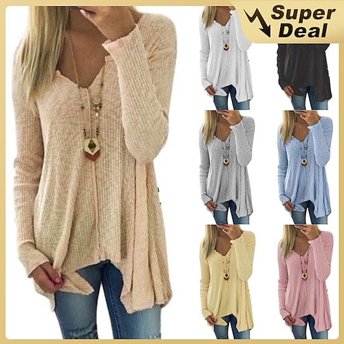 

Women's Pullover Sweater Knitted Solid Color Basic Casual Long Sleeve Sweater Cardigans V Neck Fall Winter Spring Blue Blushing Pink Gray