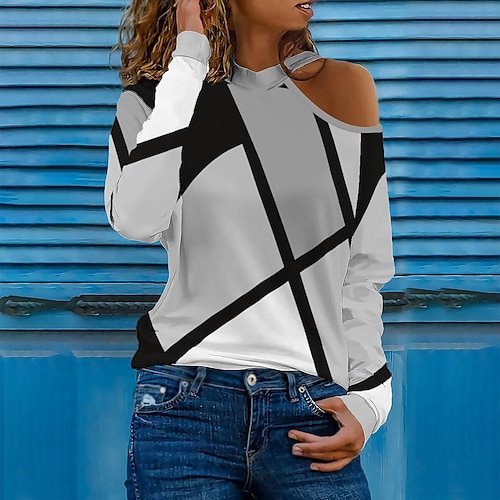 

Women's Shirt Blouse White Yellow Light Green Geometric Cut Out Print Long Sleeve Casual Basic Round Neck Regular Geometric S