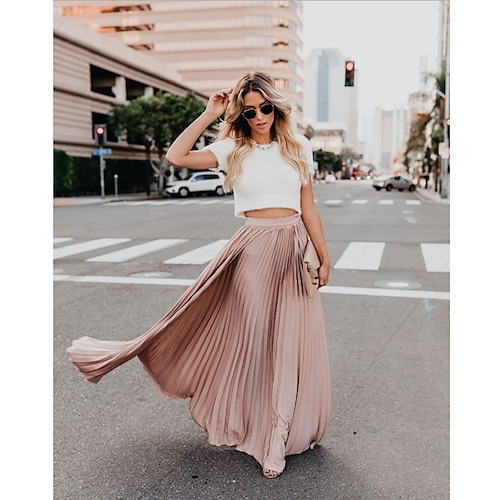 

Women's Swing Work Skirts Long Skirt Maxi Chiffon Satin Black Pink Green Skirts Summer Pleated Patchwork Without Lining Fashion Long Summer Holiday Vacation S M L