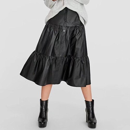 

Women's Work Skirts Midi Artificial Leather Black Skirts Ruched Ruffle Fashion Office / Career Street XS S M