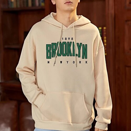 

Men's Hoodie Light Khaki. White Hooded Letter Lace up Pocket Holiday Going out Streetwear Casual Winter Spring Fall Clothing Apparel Hoodies Sweatshirts