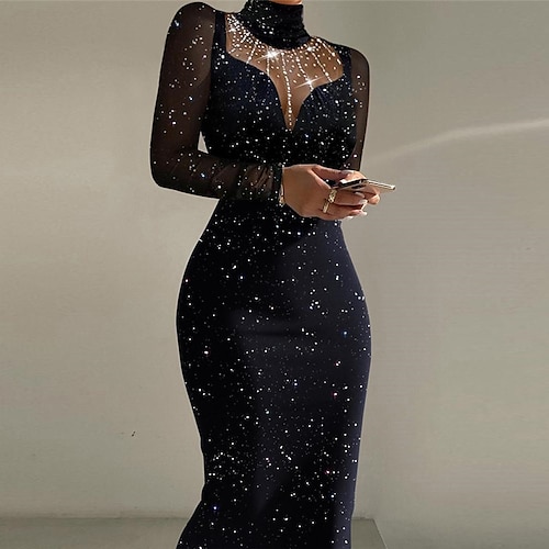 

Women's Semi Formal Party Dress Bodycon Sheath Dress Midi Dress Black Long Sleeve Pure Color Mesh Winter Fall Spring Turtleneck Fashion Slim 2023 S M L XL