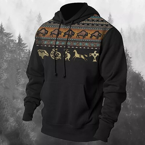 

Men's Pullover Hoodie Sweatshirt Black Hooded Horse Tribal Graphic Prints Print Daily Sports 3D Print Basic Streetwear Designer Spring Fall Clothing Apparel Hoodies Sweatshirts