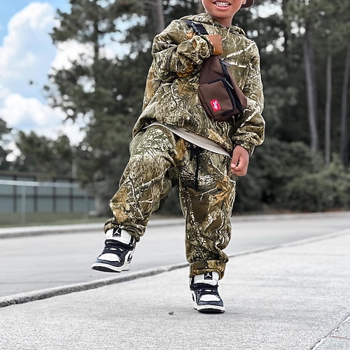 

2 Dele Baby Drenge Hættetrøje & Bukser Outfit Grafisk Langærmet Sæt Afslappet Mode Sej Vinter Efterår 3-7 år militærgrøn