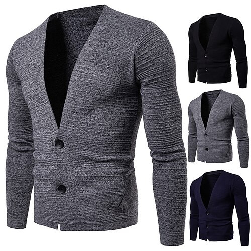 

Herre Bluse Cardigan Sweater Rillet Strikke Strikket Knap ned Vanlig Dyb V Opvarmninger Moderne Moderne Dagligdagstøj I-byen-tøj Tøj Vinter Sort Mørk Marineblå M L XL
