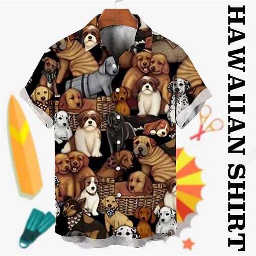 

Men's Shirt Summer Hawaiian Shirt Animal Dog Graphic Prints Turndown Yellow Brown Street Casual Short Sleeves Button-Down Print Clothing Apparel Tropical Fashion Hawaiian Designer