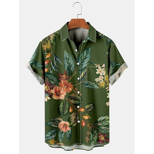 

Men's Shirt Floral Graphic Prints Turndown Green 3D Print Outdoor Casual Short Sleeves Button-Down Print Clothing Apparel Fashion Designer Casual Soft