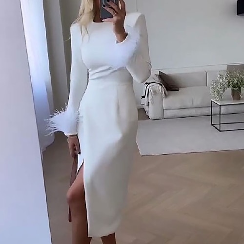 

Women's Work Dress Bodycon Sheath Dress Midi Dress White Long Sleeve Pure Color Split Winter Fall Spring Crew Neck Fashion Date 2022 S M L XL