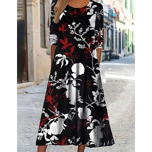 

Women's Casual Dress Midi Dress Green Black Blue Long Sleeve Graphic Print Winter Fall Spring Crew Neck Fashion Daily Weekend 2022 S M L XL XXL 3XL