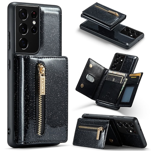

Phone Case For Samsung Galaxy Back Cover Z Fold 4 Z Fold 3 S23 S22 S21 S20 Plus Ultra Bumper Frame Card Holder Slots Kickstand Solid Colored Glitter Shine TPU PU Leather